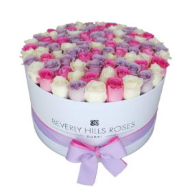 White Pink Purple Roses in Large White Rose Box - Flower Shop in Dubai " Fairy Tale"