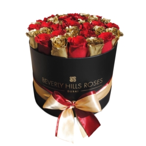 Red & Gold Roses In Round Box