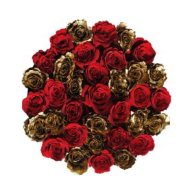 Red & Gold Roses In Round Box Top View