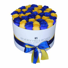 Blue & Yellow Roses Sunny Lagoon in Round Box