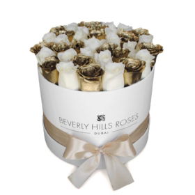 White & Gold Roses In Round Box