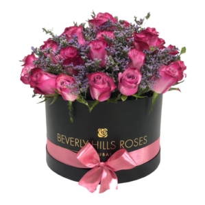 Purple Pink Roses in Candy Floss - Round Black Majestic Box