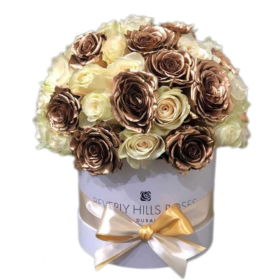 White & Gold roses in Globe shape - Round box