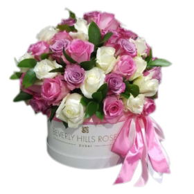 White, Pink & Purple roses in 'Sweet Mix' Hat Box