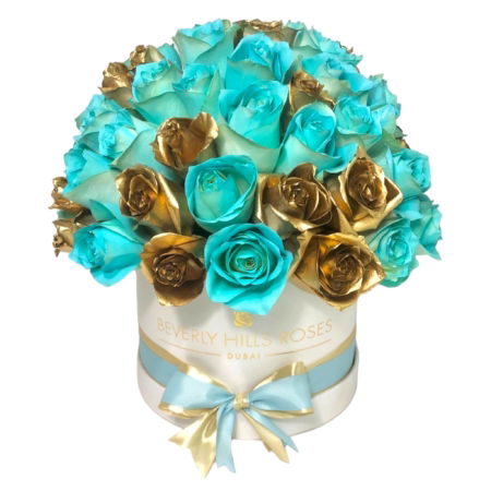 Tiffany Blue & Gold Roses Globe in a Round Box