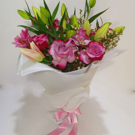 Purple Roses & Pink Lilies Bouquet