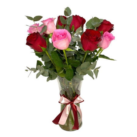 Red and Pink Roses in Vase