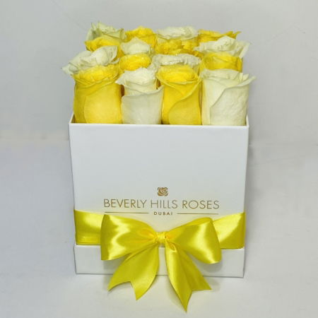 Yellow & White roses in Square white box