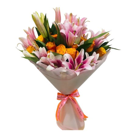 Pink Lilies and Orange Roses Bouquet in Floral Fantasy